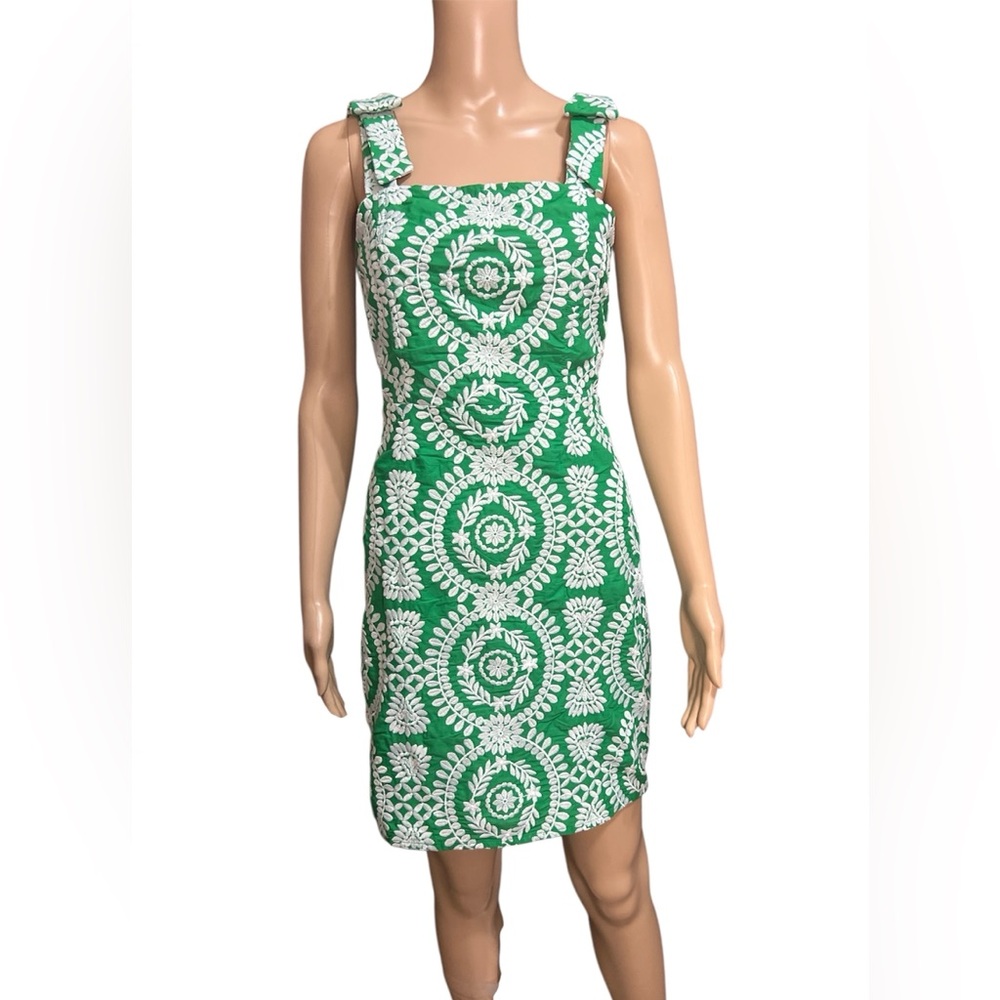 Adelyn Rae Embroidered Square Neck Sleeveless Bow Shoulder Mini Sheath Dress XS